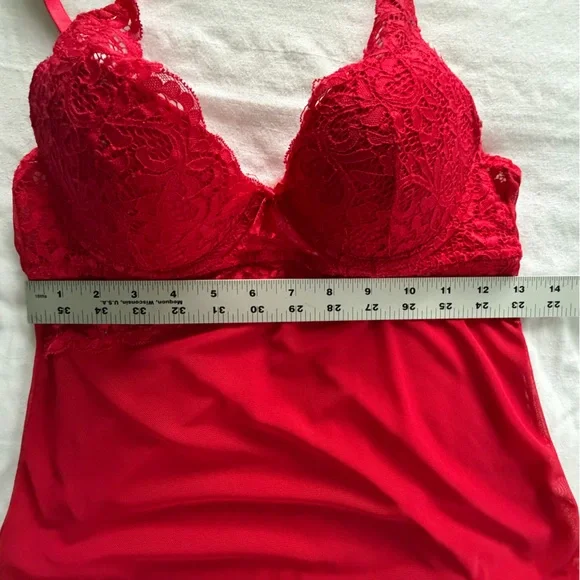 Red lace chemise slip negligee built in bra size M - Picture 8 of 10